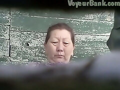 Wooly pussy of a mature Asian lady in the public toilet guest room