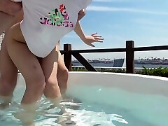 Young Japanese lady is fucked in the pool and indoor