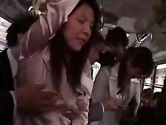 Two japanese wifes businesswoman massaged and pummel in bus