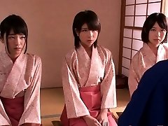 Puny femdom Japanese kimono babes jump on dude