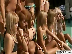 Tanned group of Chinese teens pose for a topless pool photo shoot