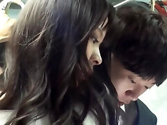 Japanese beauty in black pantyhose is sucking shaft and getting fucked in a public bus