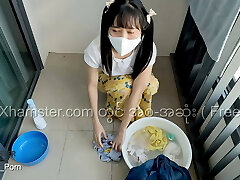 Myanmar Tiny Maid loves to ravage while washing the clothes