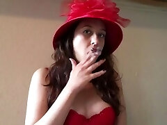 Sexy Goddess D Smoking VS 120 Vintage Style Crimson Hat and Brassiere Red Lipstick