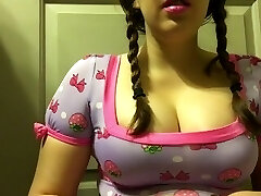 Chubby Brunette Teen with Big Natural Jugs Smoking in Pigtails