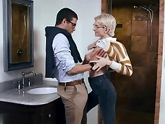 Short haired blonde with glasses, Skye Blue got fucked after providing a oral to a friend