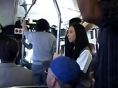 Brunette babe is groped then splatters on a Japanese bus