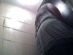 Brunette curvaceous unexperienced woman in the toiletroom flashes her monstrous booty