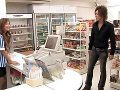Beautiful Japanese supermarket clerk gets fucked by 3 clients during opening hours