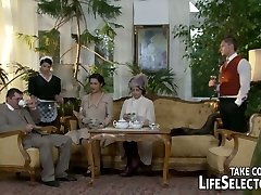 Vintage looking brunette maid serves her landlord with oral job