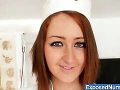 Sexy redhead nurse in latex uniform gets nasty