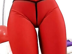 Big Cameltoe and Round Ass Babe In Cock-squeezing Red Spandex