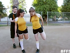 Sexy football girls are fucked and jizzed by horny coach with big prick