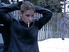 Smoking Woman in Leather Jacket and Mittens 2