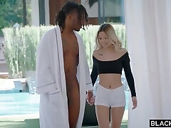 Black hunk loves to fuck a sweet, Asian blonde, after she is done with fellating his cock