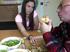 Edible teenager fucking the old cook kitchen cum swallowing