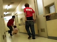 Nurse in uniform falls on knees when fellow sharks her bottom