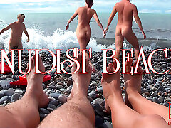 NUDIST BEACH – Nude young couple at beach, naked teenager duo