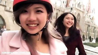 Tasty asian teens share a cock and having a three way