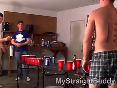 Buddies play korean amateur tight spanked ass beer pong in a a garage