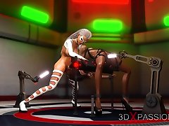 Space sex. 3d alien shemale plays with a sexy ebony in restraints on the exoplanet